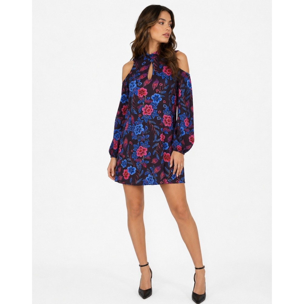 Dark Floral Mini Dress S Long‎ Sleeve Keyhole Romantic Boho Date Night USA Made